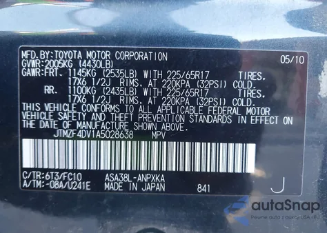 2010 Toyota Rav4 from USA, damaged, VIN JTMZF4DV1A5028638